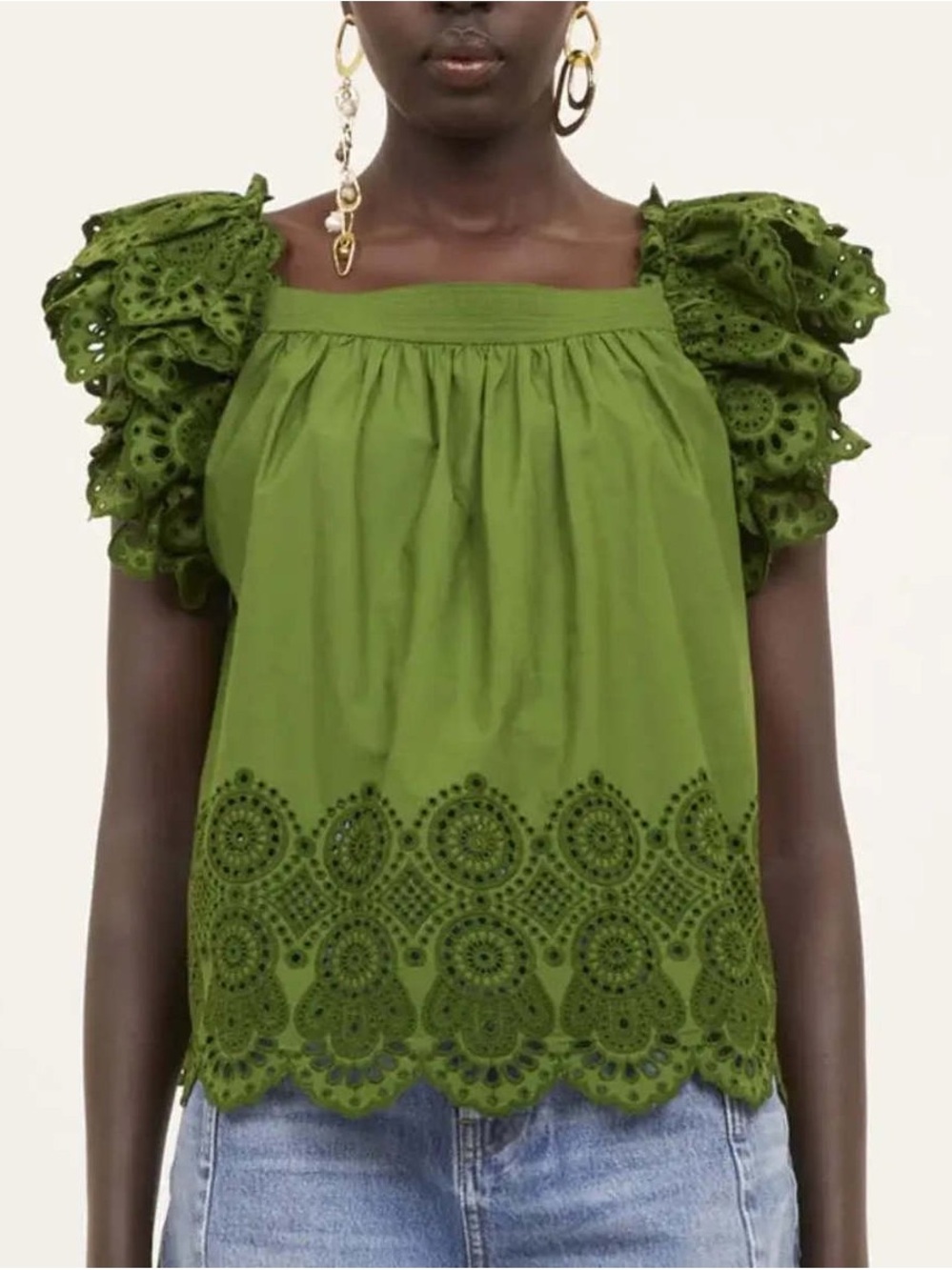 Ulla Johnson Green Eyelet Ruffle-Sleeve Square-Neck Top
